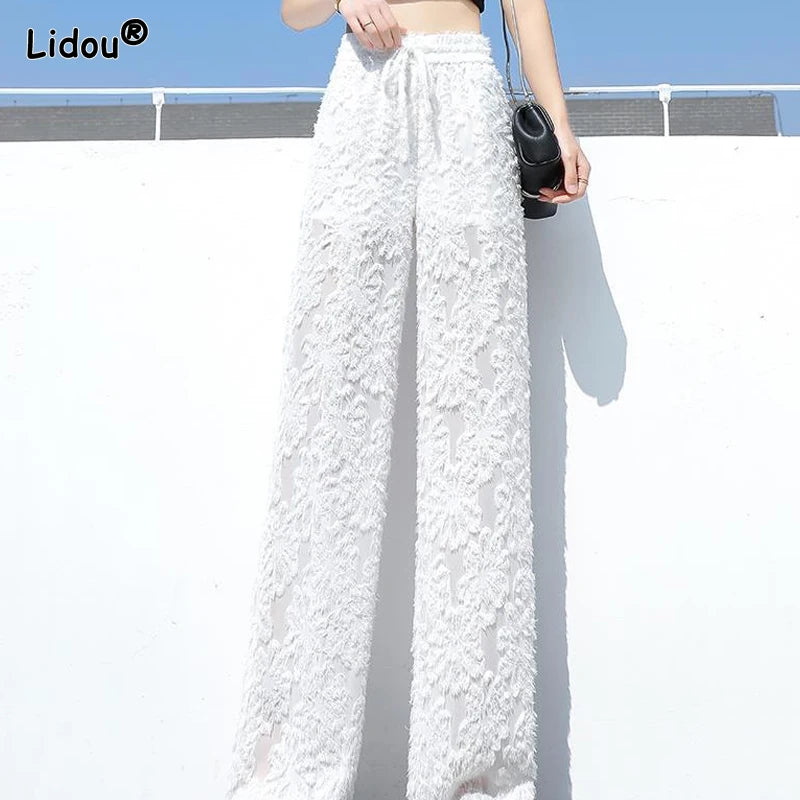 Fashion Elastic Waist Loose Solid Straight Wide Leg Pants