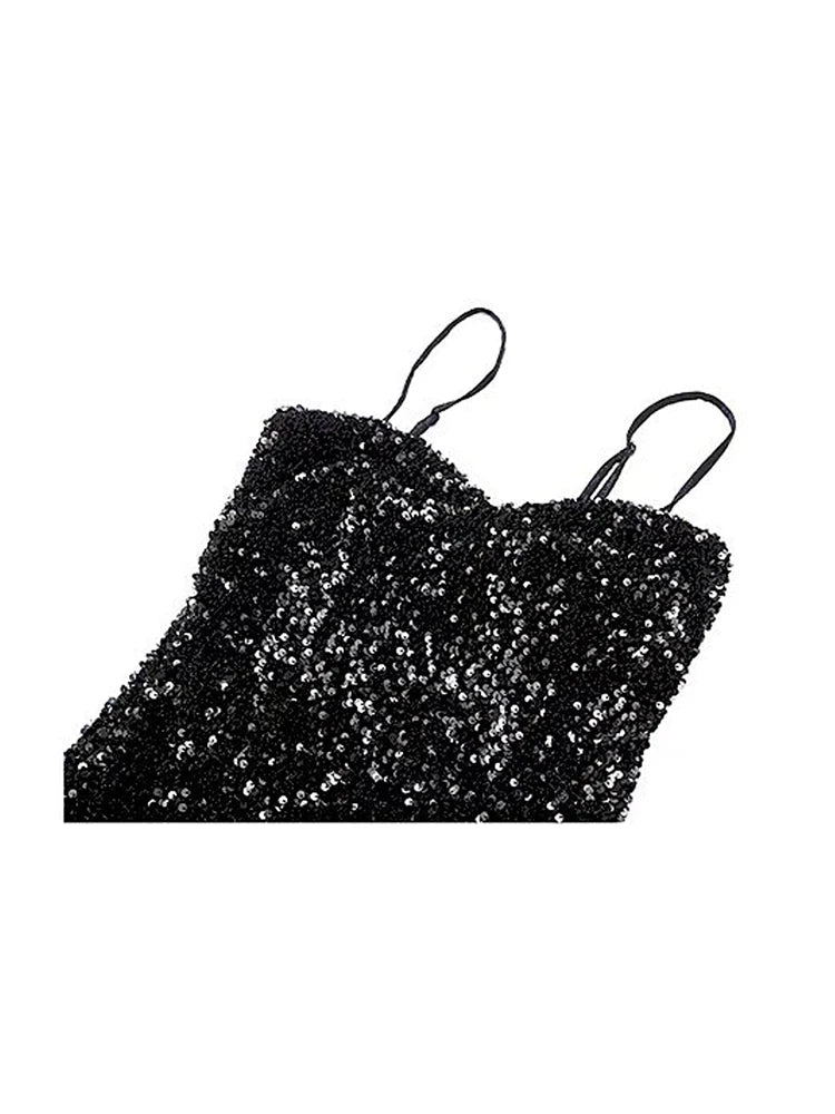 Aesthetic Sexy Halter Sequins Black Dress Loose Sleeveless