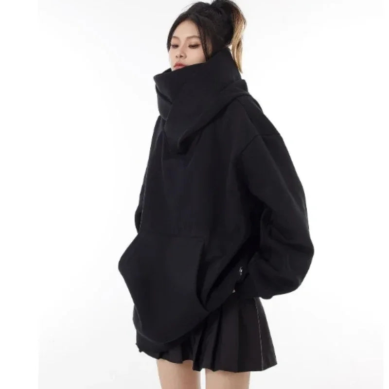 High Collar Hooded Sweatshirt Fleece Loose Tops