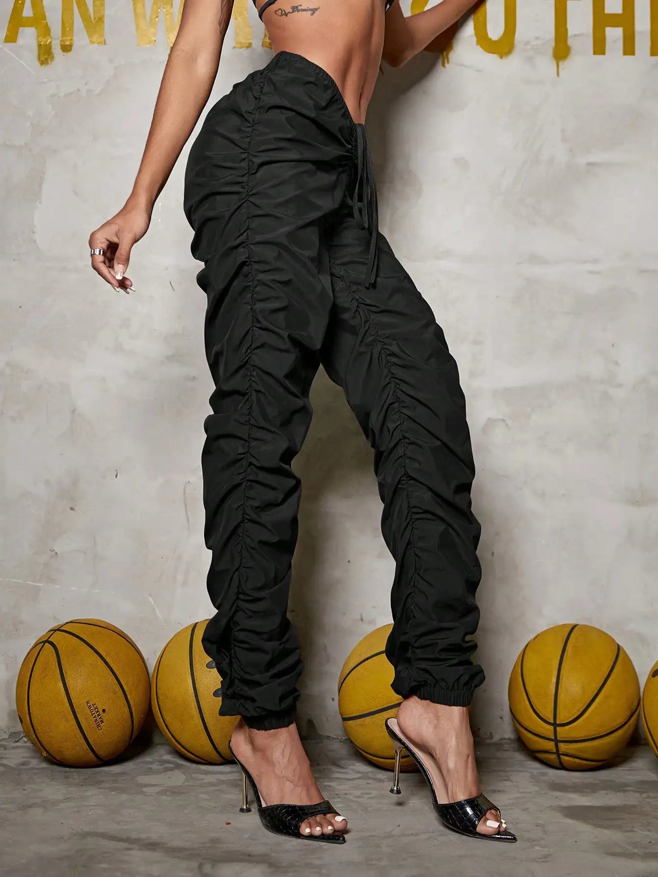 Chic Ruched V Drawstring Waist Cargo Pant Tapered Trousers