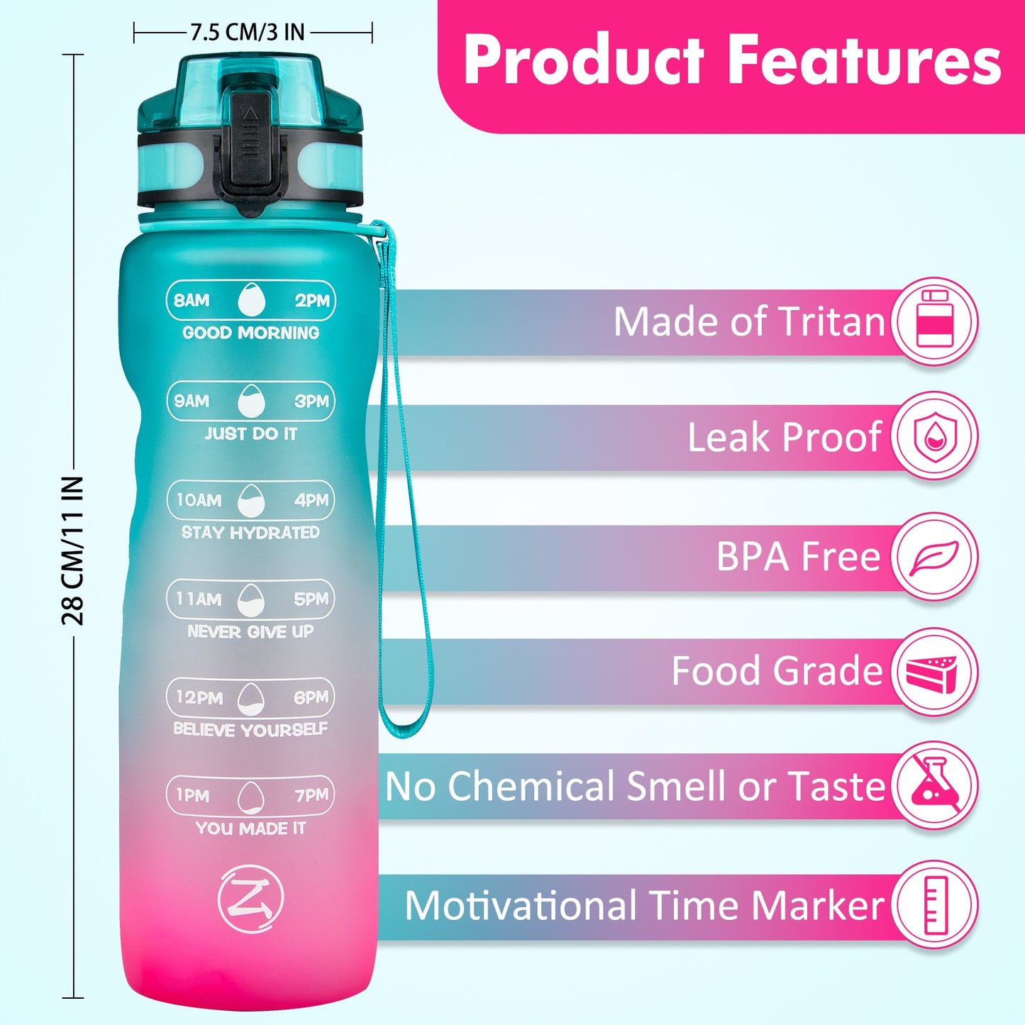 32oz Motivational Water Bottle with Time Marker,Leakproof BPA Free - acfitpro