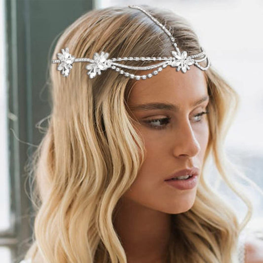 Flower Shape Rhinestone Head Chain Forehead Headband Tiara Headwear Jewelry - acfitpro