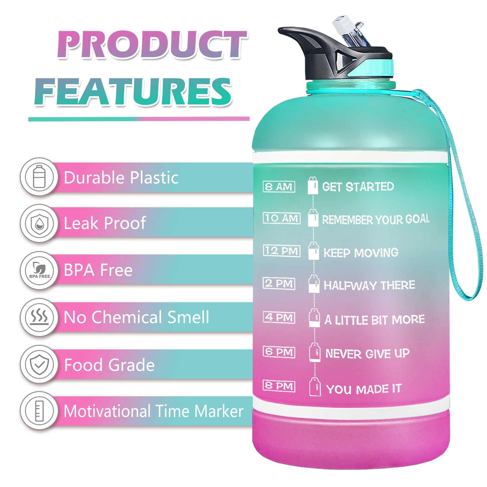 2.2/3.78L Gallon Time Marker &amp; Motivational Water Jug BPA Free Leakproof - acfitpro