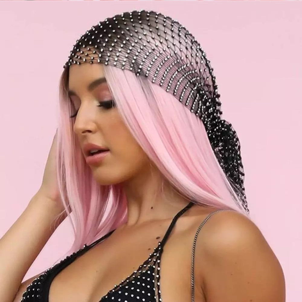 Mesh Rhinestone Head Scarf Headwraps for Women Bling Crystal - acfitpro