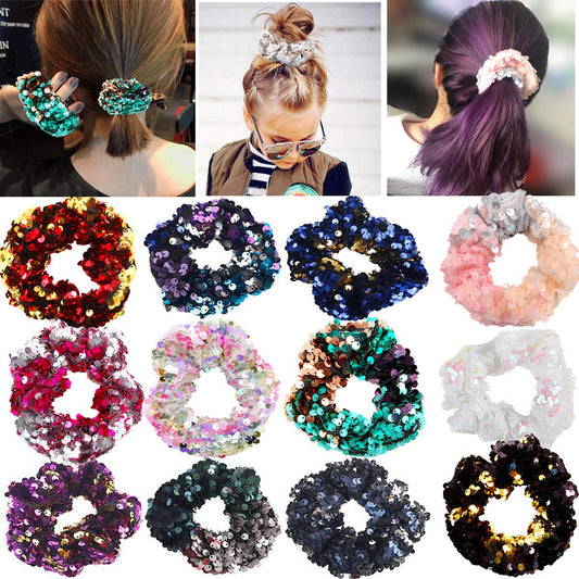 12 Colors Sparkly Sequins Mermaid Elastic Hair Bands Scrunchy Hair Ties Ropes Scrunchie for Women or Girls Hair Accessories - acfitpro