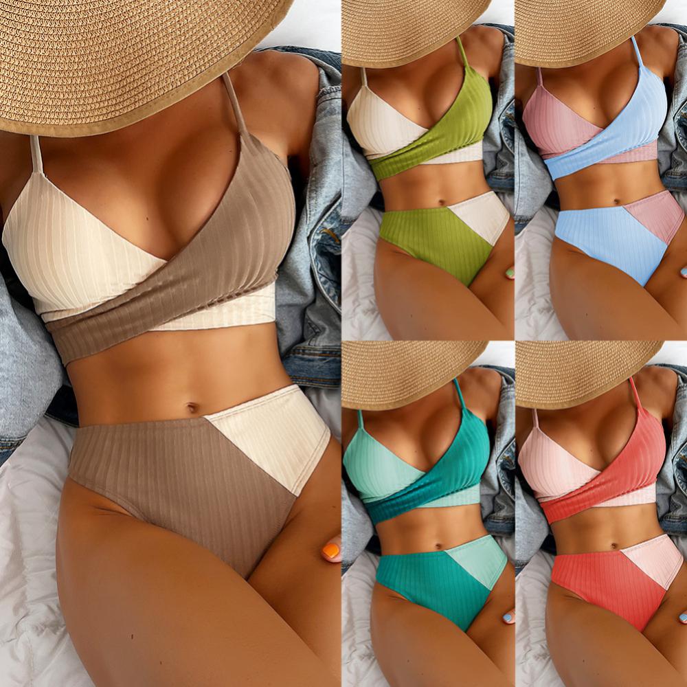 Fashion Women Sexy Bikinis Cross Straps Color Matching Swimwear Ribbed Swimsuit Lace Up Two Piece Beach Bathing Suits - acfitpro